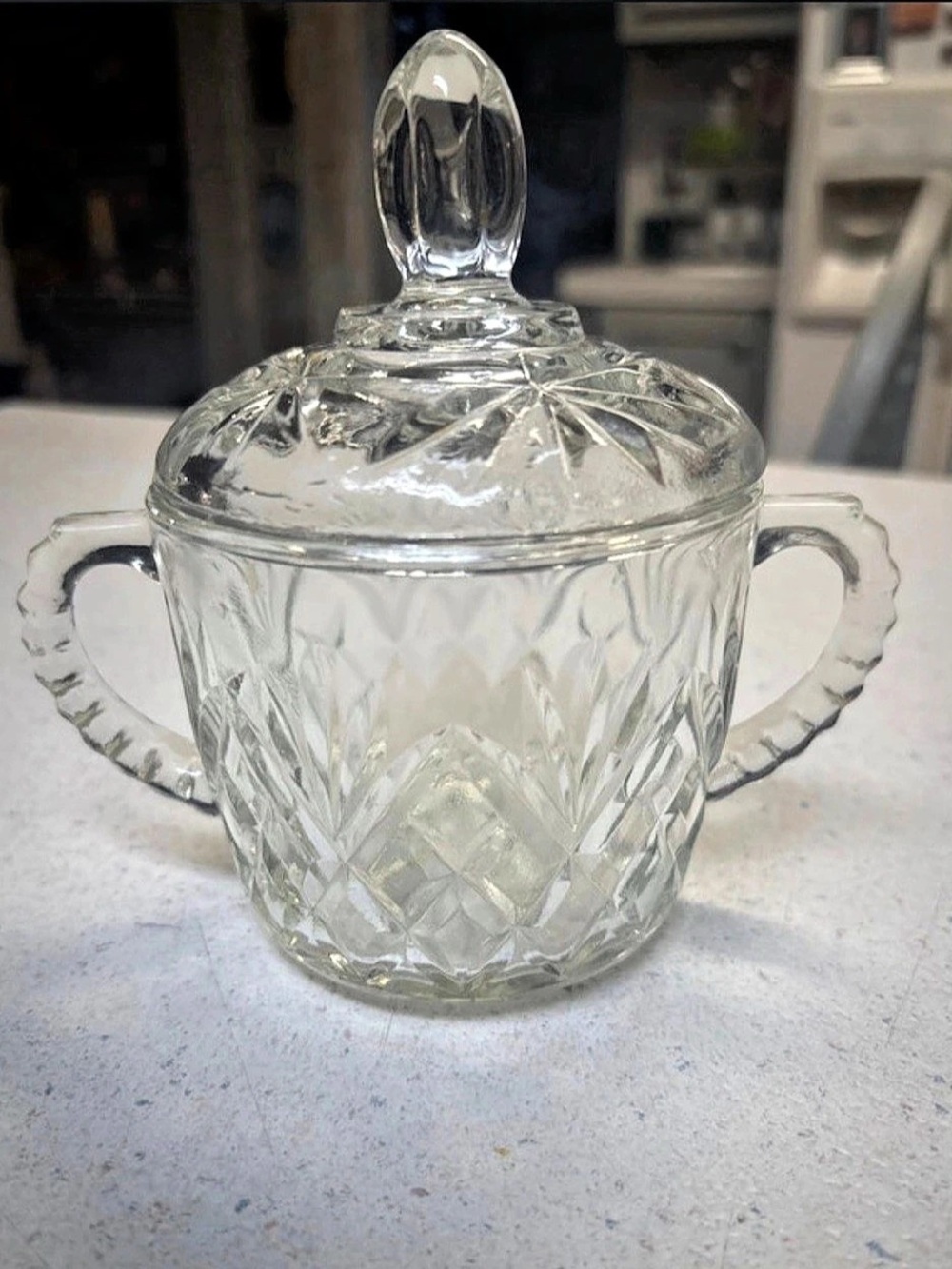Clear Geometric Cut Glass Lidded Serving Bowl